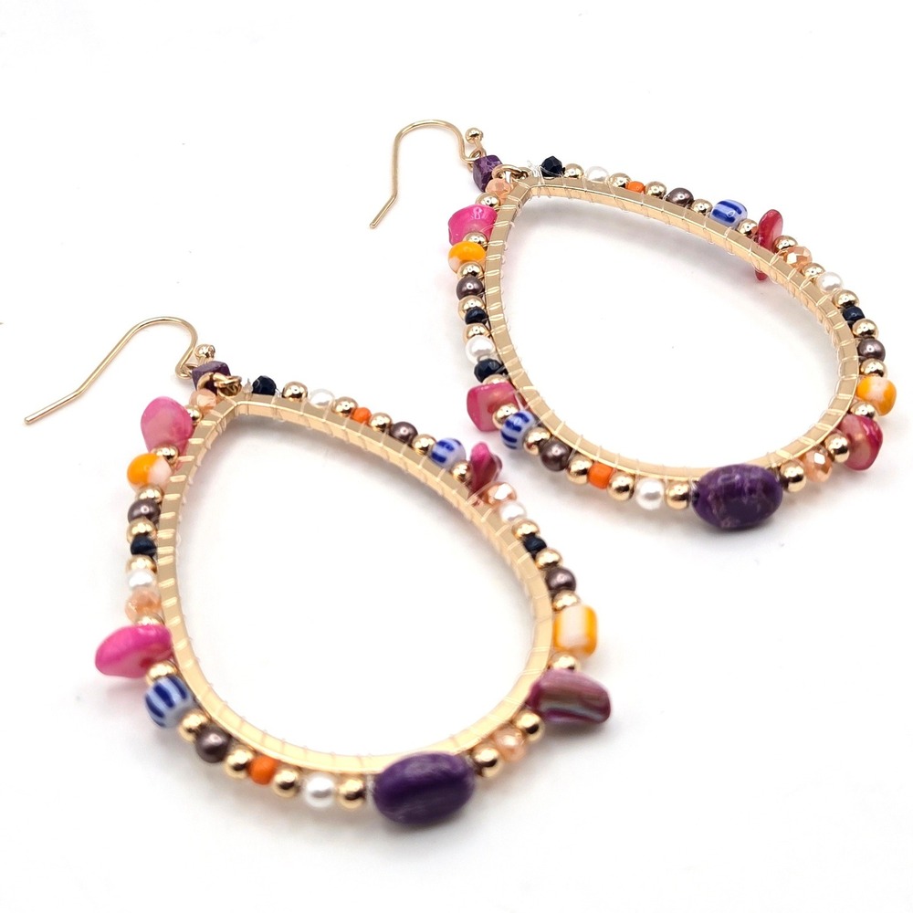 Gold Tone Teardrop Hoop Earrings Multi Color Beaded Wire Wrapped Fishhook Boho